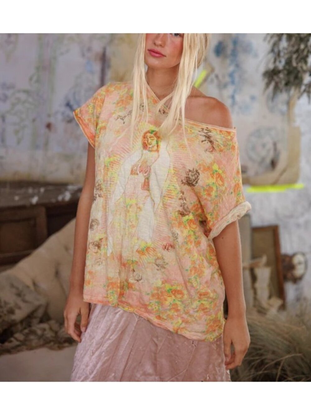 Magnolia Pearl All Over Roses Guadalupe Cotton Jersey Boyfriend Tee Fading